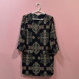 Collective Concepts small long sleeve Black with multi earth tones polyester